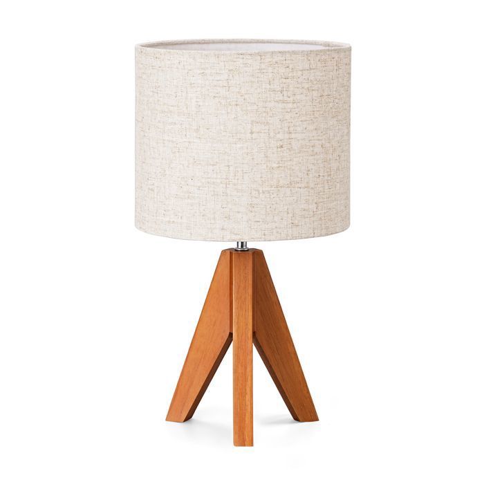 Lampe à Poser Bois et Lin Base Orange Ampoule LED E27 Incluse Trépied Vintage LAMPE A POSER