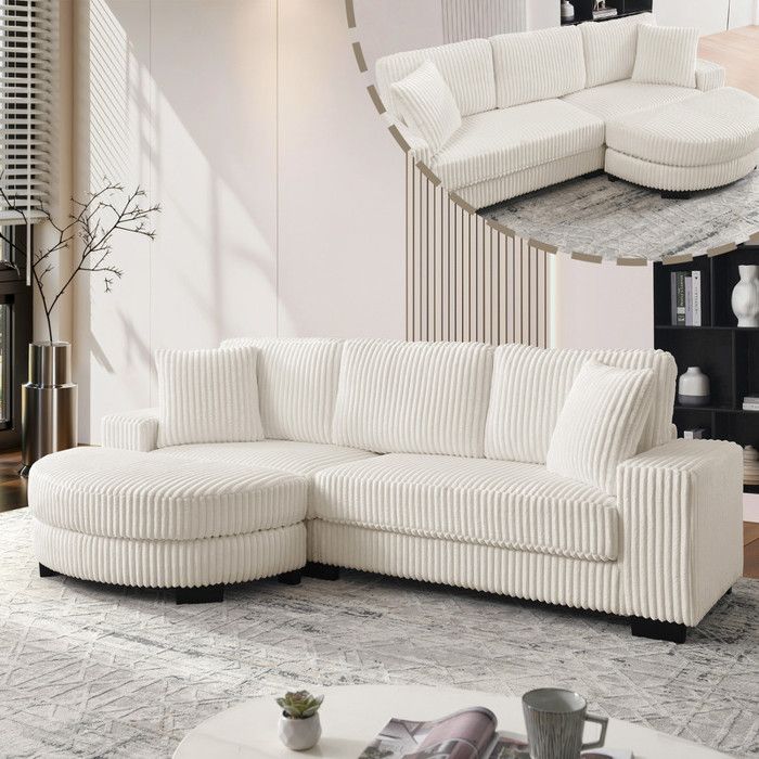 Canapé dangle 4 places Canapé en L 256 5x133 5x89cm velours côtelé canapé modulable avec tabouret ovale 2 coussins beige
