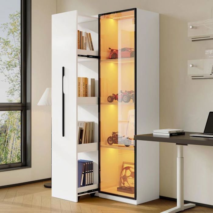 Buffet vitrine robuste 160 cm salle à manger cadre aluminium verre trempé LED 1 porte tiroir latéral et roulettes