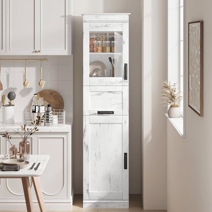 Meuble colonne 170cm – Gain de place étagères réglables portes vitrées – Idéal petite salle de bain/cuisine – Blanc simple rangée