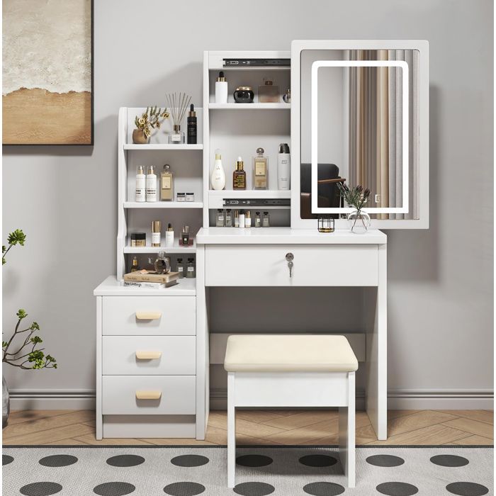 COVREO Coiffeuse blanche 85 x 36 x 130 cm avec miroir LED 3 modes d’éclairage tabouret inclus 4 tiroirs