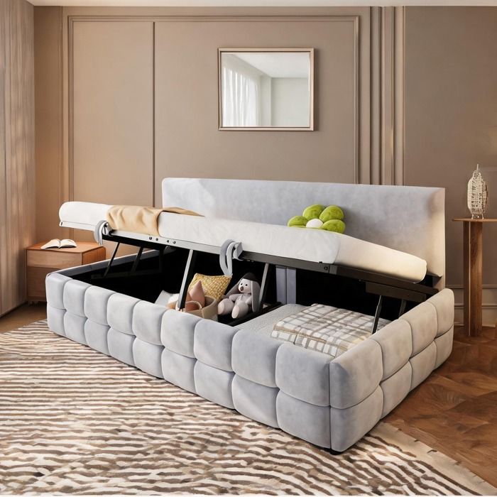 Méridienne lit simple 90x200 cm avec coffre hydraulique velours gris clair