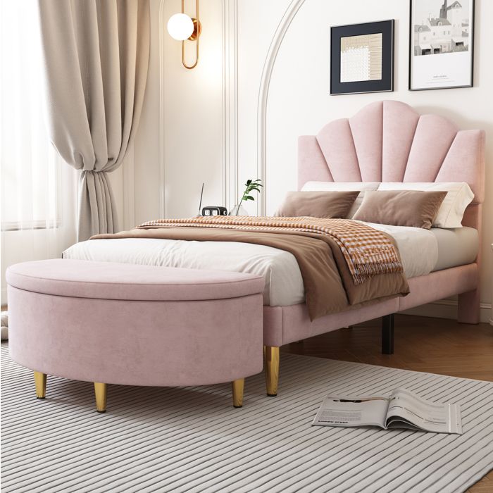 HOMVRA lit tapissé 90 x 200 cm en velours rose tête de lit coquillage réglable banquette avec rangement