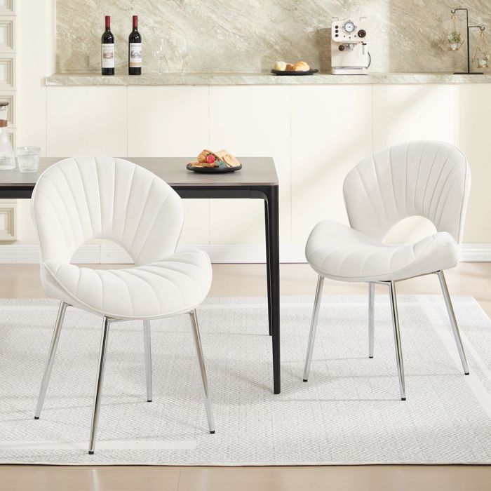 Chaise - WESTYLE - IVORY - Velours - Dossier évidé incurvé - Pieds métal argentés