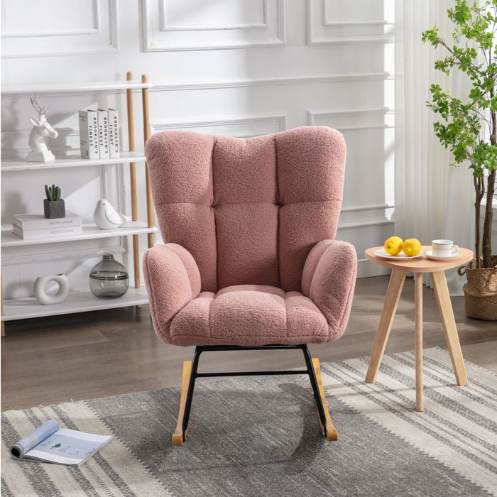 Fauteuil à bascule Teddy rose capitonné et rembourré bois et métal noir intérieur confortable VEVXYN