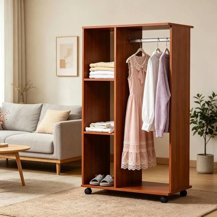 Armoire de rangement ouverte avec barre de suspension 3 étagères ouvertes et roulettes verrouillables pour chambre Noyer