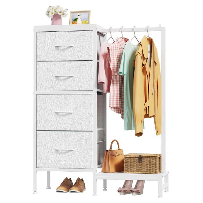 Commode enfant 2 en 1 avec penderie - 4 tiroirs spacieux en acier renforcé blanc 50 lbs par tablette
