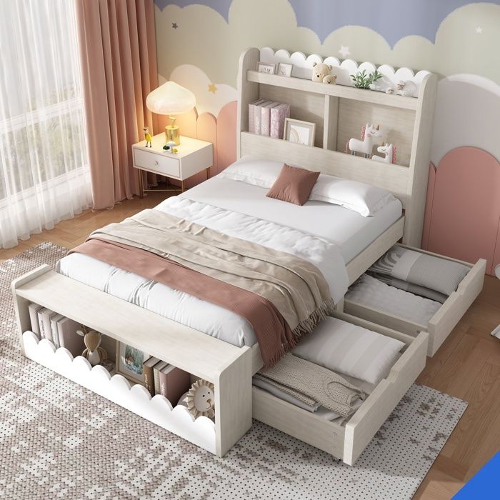 Lit enfant en bois massif et MDF 90x190 cm avec rangement tiroirs et étagères