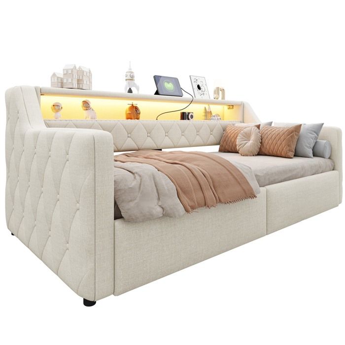 Lit banquette Avec barre déclairage LED Matelas non inclus Beige 90 × 200 cm Espace de rangement hydraulique
