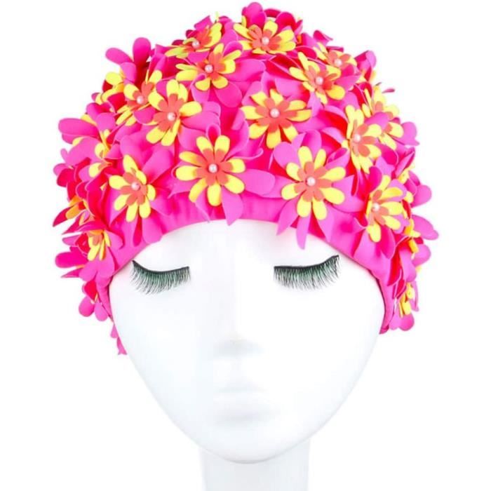 QOTSTEOS Bonnet De Bain Bonnet de Bain à Fleurs pour Femmes Bonnet de Bain Tendance en Forme de pétale de Fleurs 3D Bonnets de Bain Respirants pour Sports Nautiques Rose