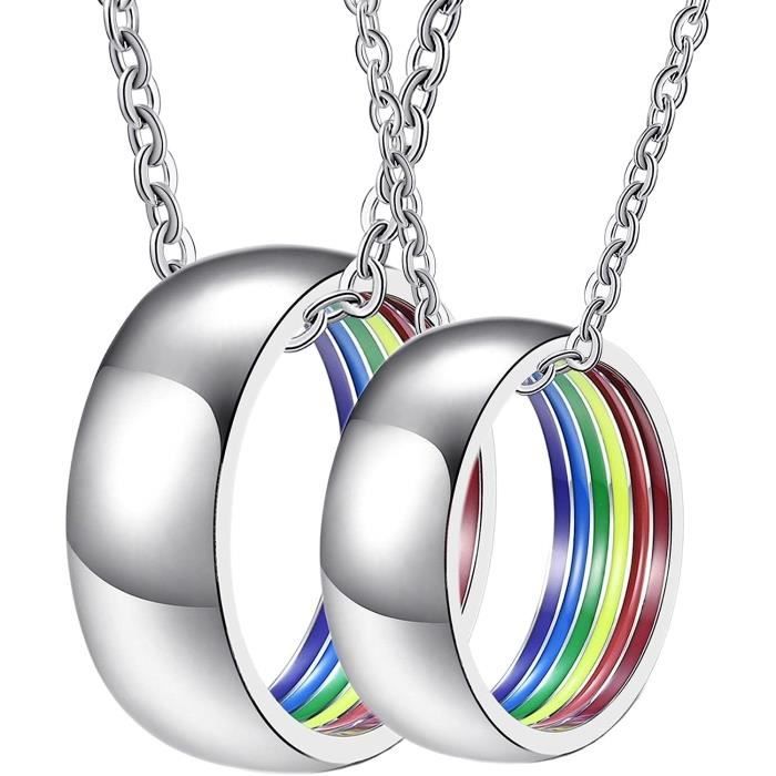 Collier Pour Couple, Collier Gay 8Mm Lgbt Avec Émail Arc-En-Ciel Argent