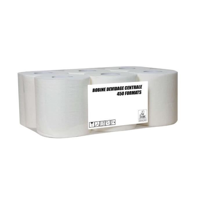 Bobines Papier Toilette Neutre - Lot De 6, 450 Feuilles 2 Plis, Blanc, Dévidage Central