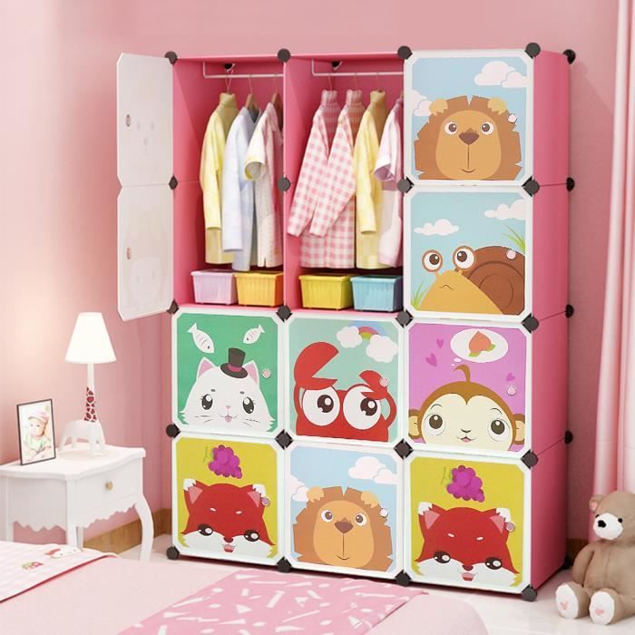 armoire de rangement etagère plastique enfants rose - penderie diy motifs animaux - 12 cubes - 111 x 147 x 37 cm