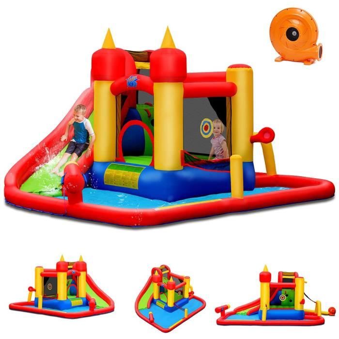 Château Gonflable 7-en-1 - Aire De Jeux Avec Toboggan, Piscine, Zone De Saut Foot Et Basket Souffleur 450w Inclus Multicolore 96338366