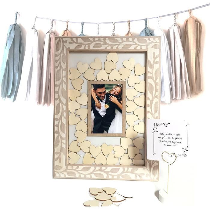 Jandiklee Livre D'or De Mariage En Bois Avec 80 Cœurs En Bois ; Cadre