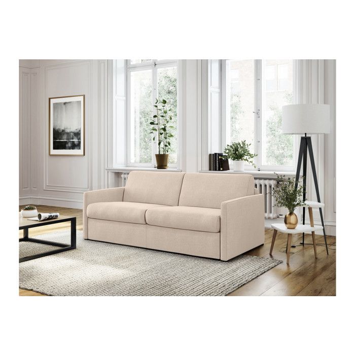 Canapé convertible express 3 places AGATHE Couchage Quotidienen Tissu - Beige - Matelas 13cm - Couchage 160x190cm - LOUNGITUDE
