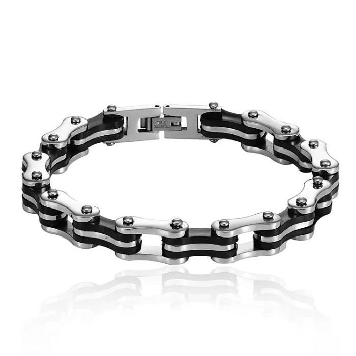 yonger bracelet homme acier caoutchouc noir chaine moto