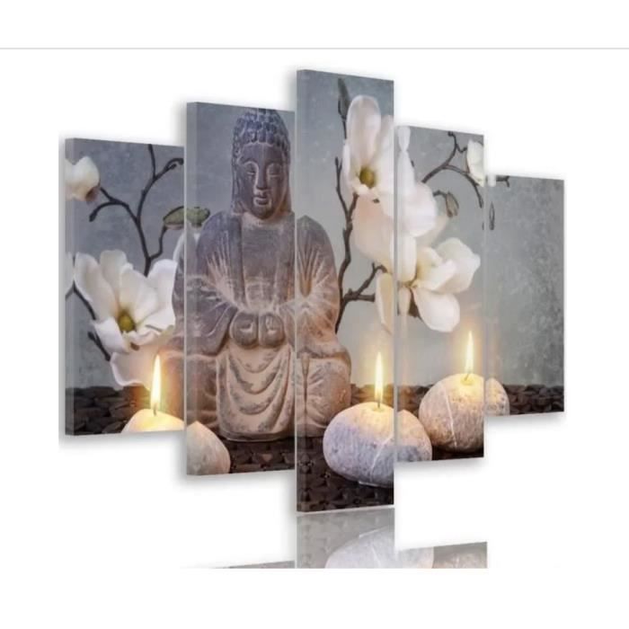 Tableau Décoration Murale Bouddha Orchidées Zen 5 Panneaux 150x80cm XXL ...