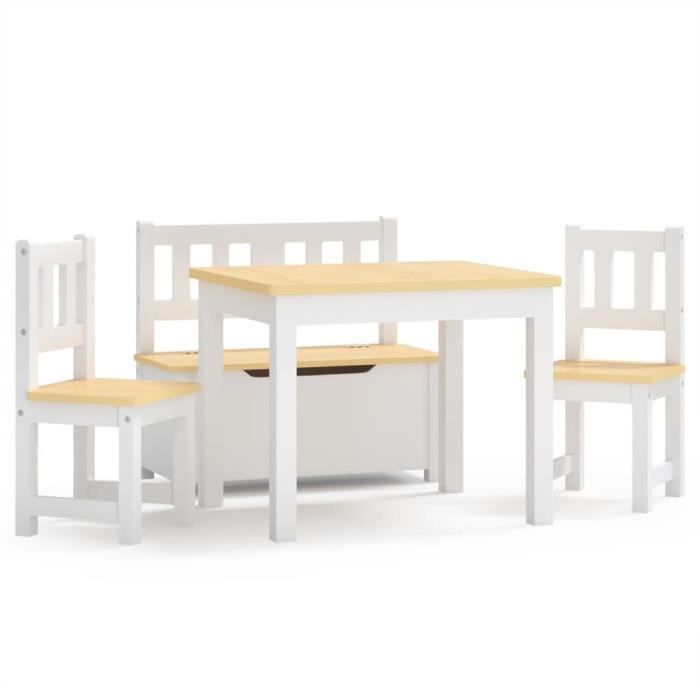 HOMCOM Ensemble de table et chaises enfant - set de 4 pièces - table, 2  chaises, banc coffre 2 en 1 - MDF pin bois naturel et blanc