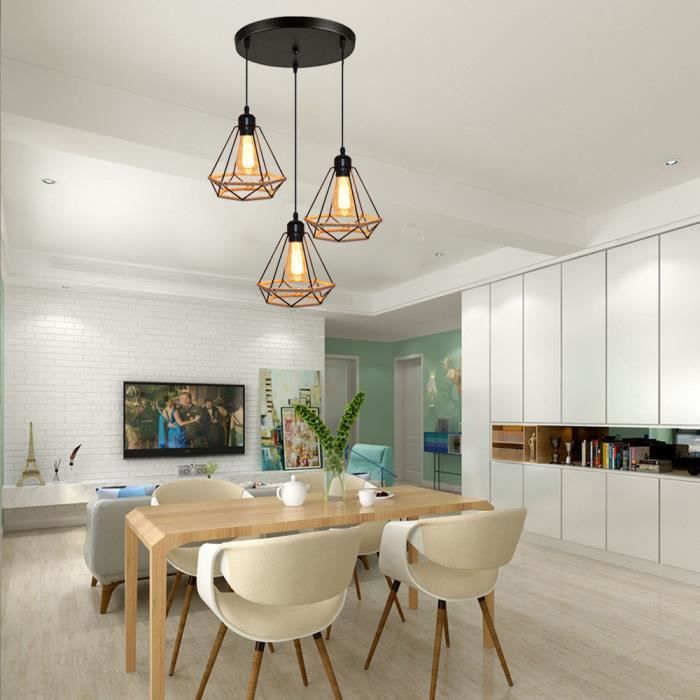 20.5cm Lustre Suspension forme Diamant Corde de chanvre Luminaire Industrielle Rétro Luminaire Noir pour Salon Cuisine Bar