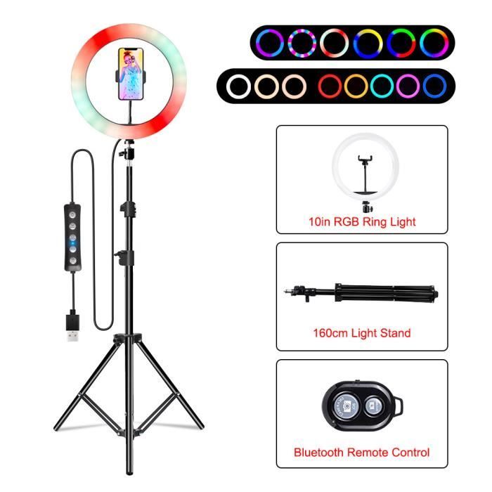 Tonysa – Anneau lumineux LED 10 pouces avec trépied réglable 1,2 m – 3 modes d'éclairage – Support de téléphone – Alimentation USB pour diffusion