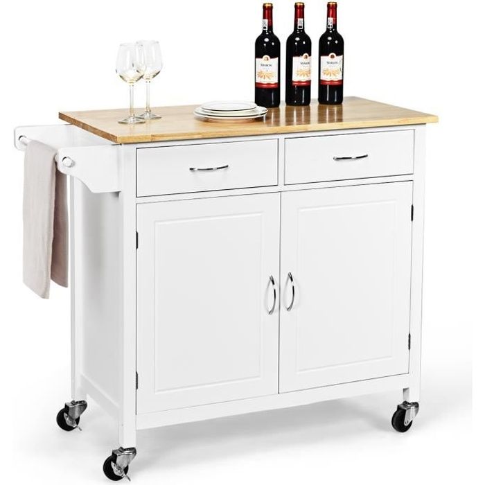 costway desserte cuisine avec 2 tiroirs et placard îlot chariot de cuisine à roulettes avec étagère réglable/porte-serviettes blanc