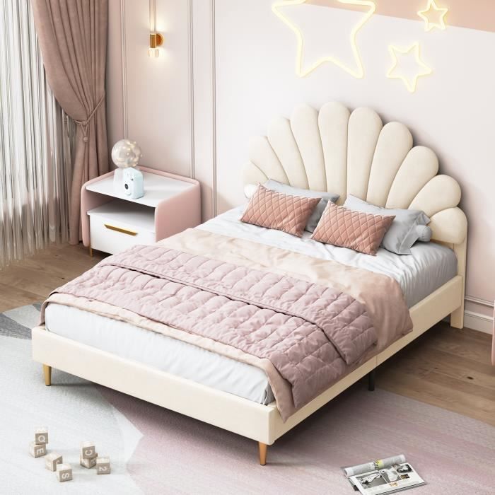 Lit Double 140x200cm Avec Tête De Lit Fleur - Velours Beige, Sommier à Lattes, Support 250 Kg, Sans Matelas