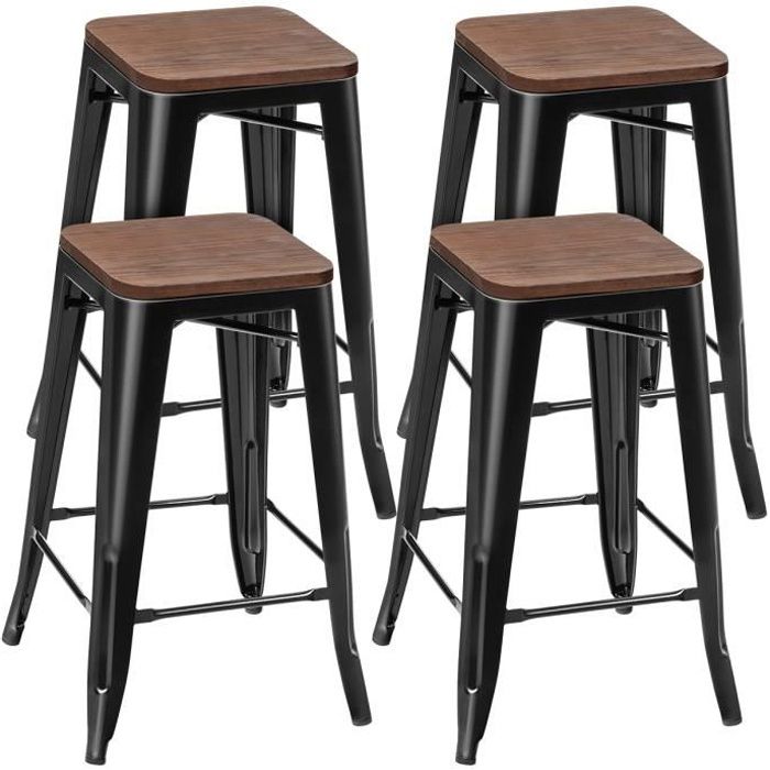 giantex lot de 4 tabourets de bar en métal avec repose-pied et siège en bois, chaise de bar empilable pour salon, cuisine, bar