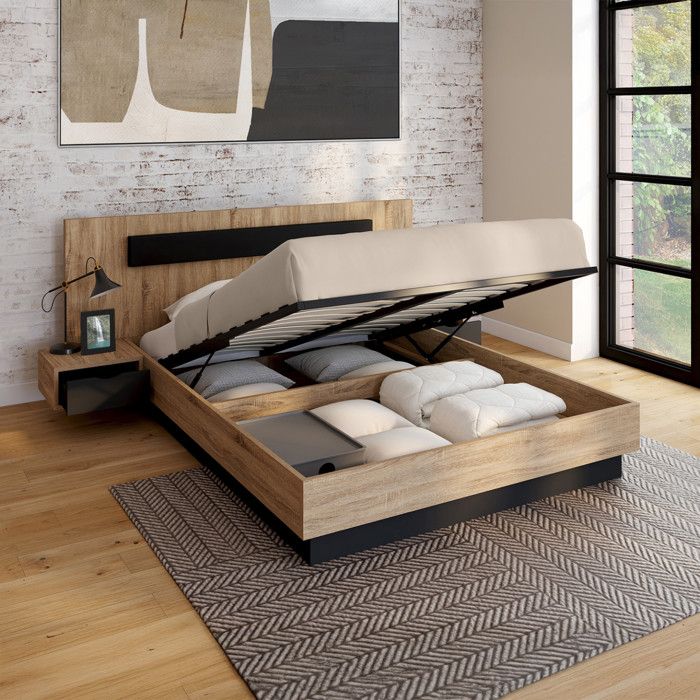 IDMARKET Lit coffre double SANTA avec tête de lit + tables de chevets intégrées et sommier 140 x 190 cm bois et noir