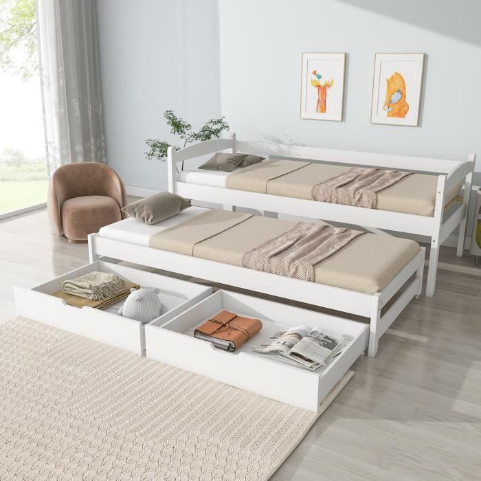 Lit gigogne avec 2 tiroirs 200x90cm-190x90cm cadre en bois massif blanc Lit gigogne avec 2 tiroirs 200x90cm-190x90cm cadre en bois massif blanc