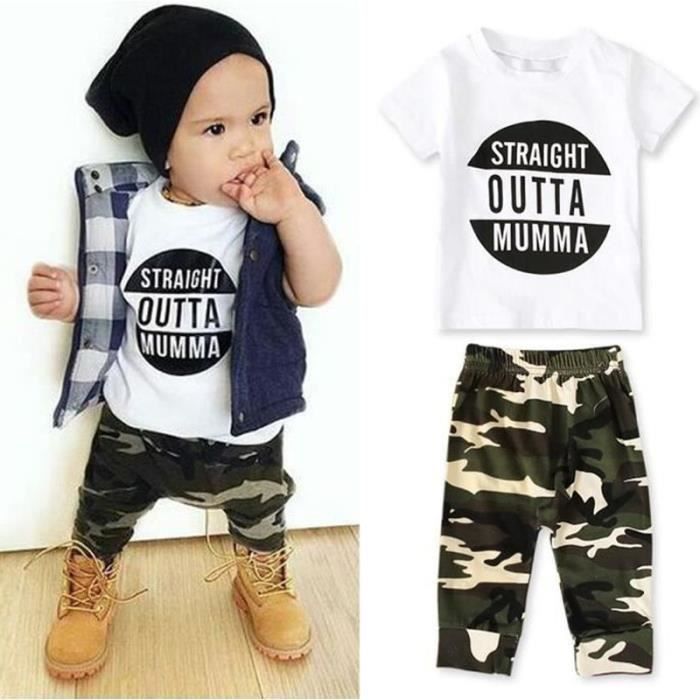 ENSEMBLE DE VETEMENTS 0 3 Ans Bebe Enfant Garcon 2 PCS Ensemble de Vetement T shirt Blanc Manches Courtes Pantalon de Camouflage Or Cdiscount Pret a Porter