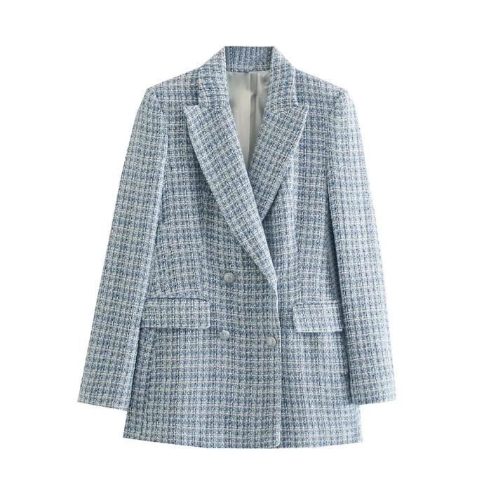 Blazer En Tweed à Carreaux Pour Femmes - Veste Courte Sans Col Ouverte, Élégante Pour Travail Et Sorties