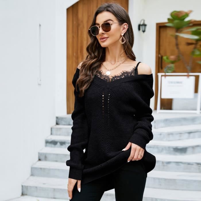 Pull manches longues avec col en V noir femme