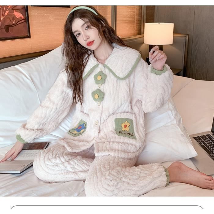 Pyjama Femme - Revers - Molleton Corail - Automne Hiver Femme Flanelle  Epaississement Chaud Maison Vetements Ensemble,Gr Green - Cdiscount  Prêt-à-Porter