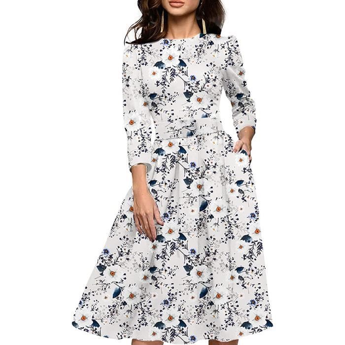 Robe blanche élégante à volants fleurs orange et bleu irrésistible