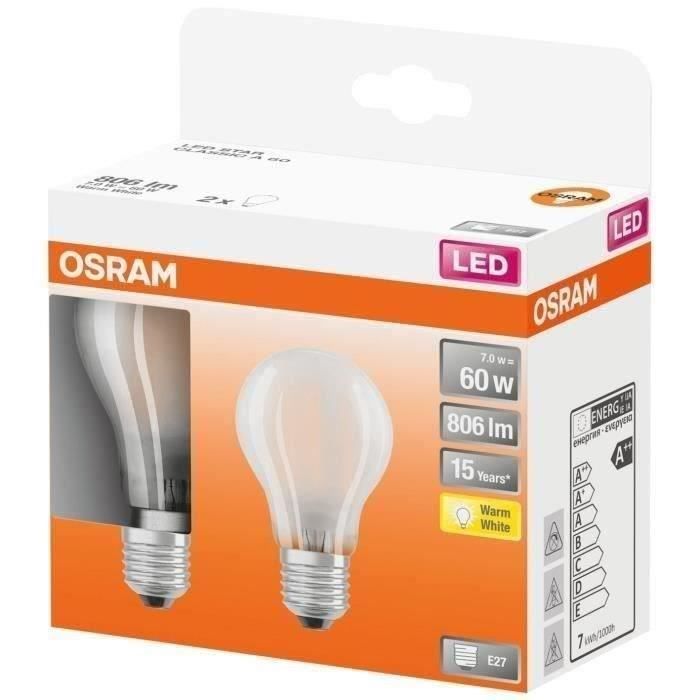 OSRAM - Boite de 2 LED std verre dépoli 7W E27 806lm 2700K chaud