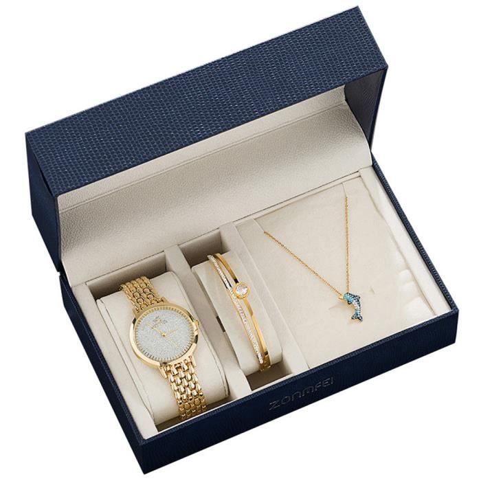 SHARPHY Coffret montre femme + bracelet + collier – diamant bracelet en acier mode doré dauphin cadeau de Noël