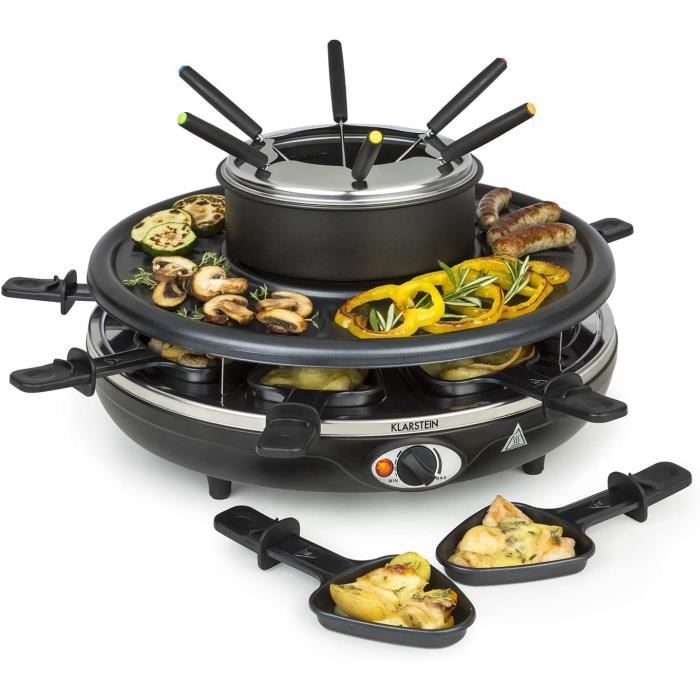 Klarstein Fonduelette XL- 3-in-1 raclettegrill & fondue,1650 watt,3-in-1 grill: metaal/natuursteen/crêpeplaat, 3 afzonderlijke roestvrijstalen verwarmingselementen, ot 12 personen,antiaanbaklaag,zwart