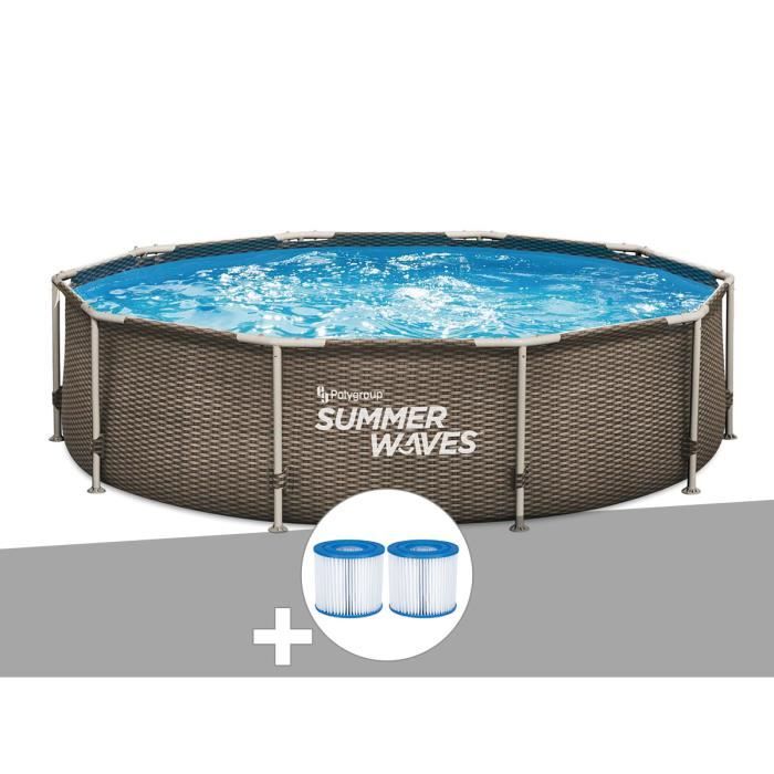 Piscine tubulaire Summer Waves Active Frame Pool ronde effet rotin 3,05 x  0,76 m + 6 cartouches de filtration - Cdiscount Jardin