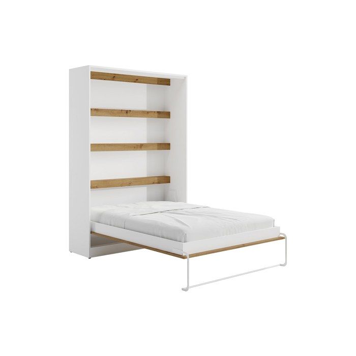 Lit escamotable 140 x 200 cm - Ouverture verticale manuelle - Blanc et naturel - RAPILI
