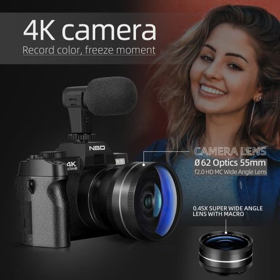 Appareil Photo Numérique 4K 48MP Avec Zoom 16x Et écran Rotatif 180° - Autofocus, WiFi, Objectif Grand Angle/macro - Inclus Carte 32GB Et 2 Batteries