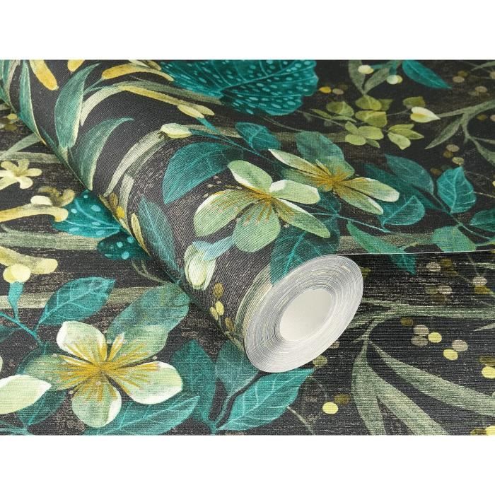 CosmoLiving Papier Peint Intissé MIDNIGHT BOTANICA Vert Amande, Rose Corail Et Jaune Or