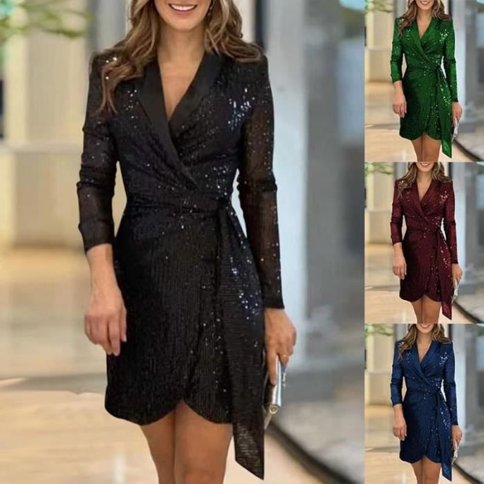 Maxi Robe de Soirée Paillettes Dorées Femme - Manches Longues - Hiver Automne Col V Profond | FR