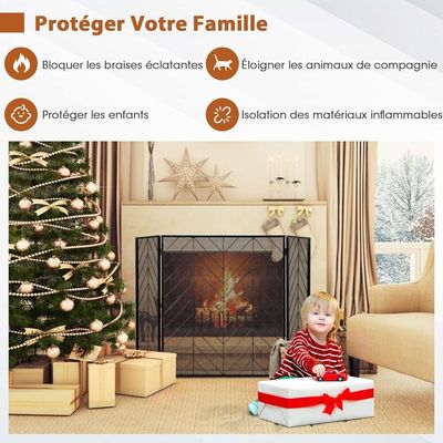 Écran Cheminée 3 Panneaux GIANTEX - Protection Enfants/Animaux - Métal Noir 127x74cm - Pliable Et Décoratif