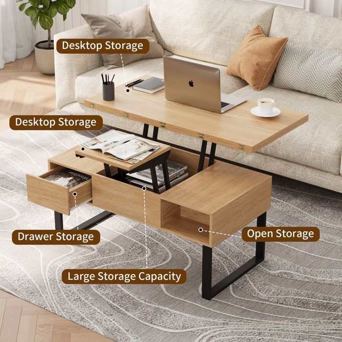 Table Basse Relevable - VOWNER - Table De Salon Multifonctionnelle 4 En