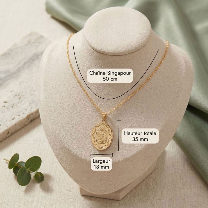 Collier Femme Chaîne Et Pendentif Vierge Marie Ovale - Plaqué Or Jaune 750, Zirconium, 41-45 Cm, Neuf Avec étiquettes