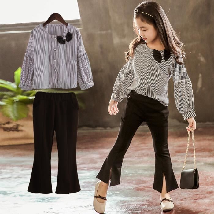 Ensemble de vetements pour fille 2 pieces T shirt raye a manches longues pantalon evase printemps automne Gris Gris Cdiscount Pret a Porter