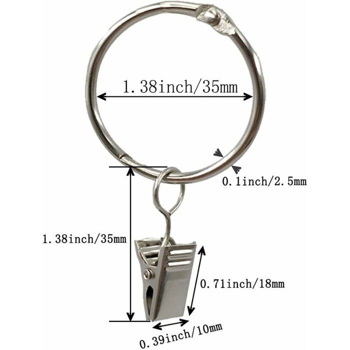Lot De 20 Anneaux De Rideau Avec Clips - Diamètre 35 Mm - Argenté - Pour Tringles Standard - Fixation Facile Rideaux Et Tentures