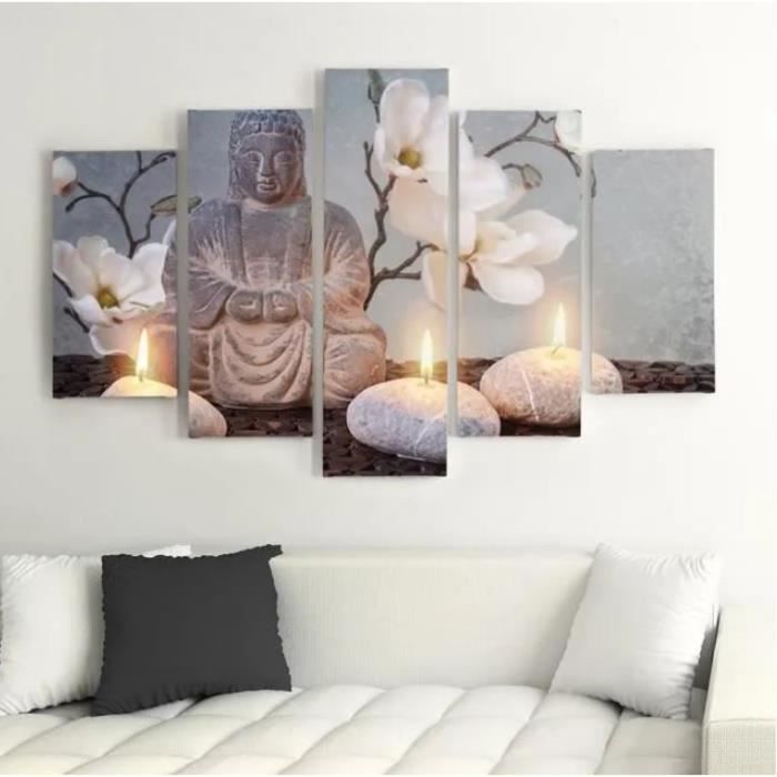 Tableau Décoration Murale Bouddha Orchidées Zen 5 Panneaux 150x80cm XXL ...