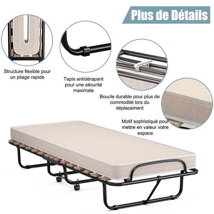 Lit Pliant 80x190 Cm Avec Matelas Mémoire De Forme - Capacité 170kg - Gain De Place - Pour Invités/camping